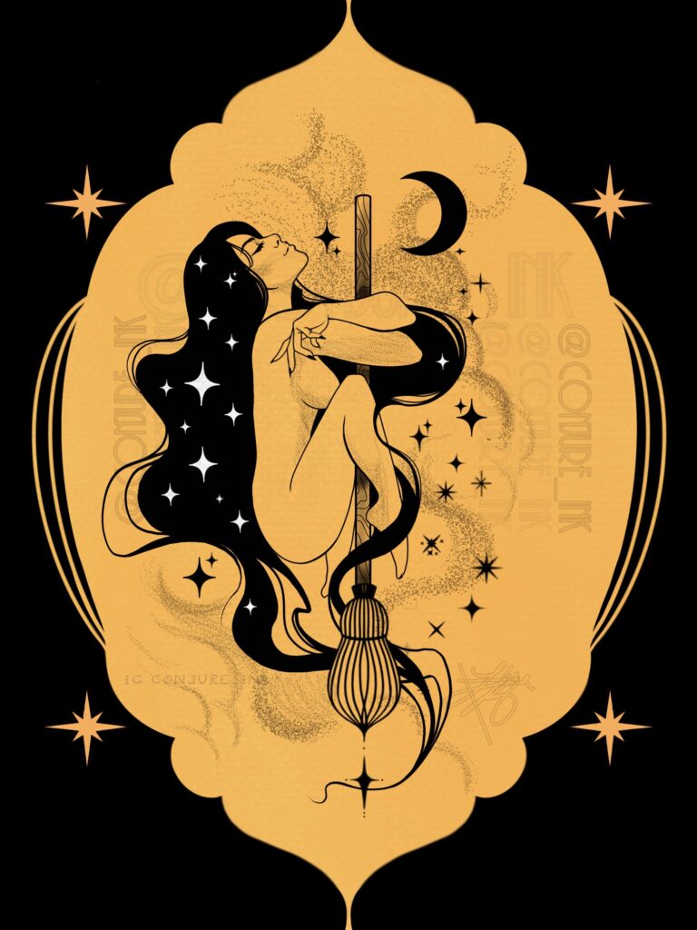 Witch and broom illustration by Elisha Marie